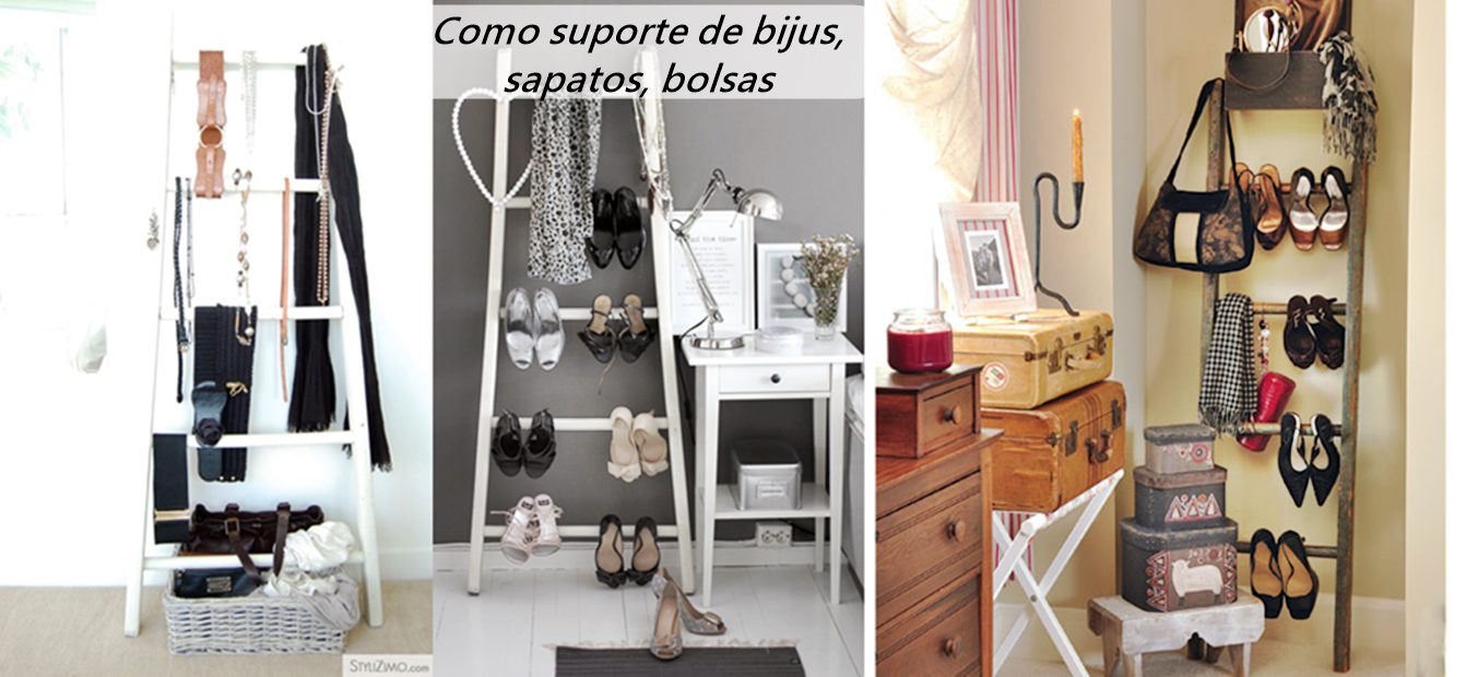 escada vintage como suporte de bolsas, bijus, sapatos