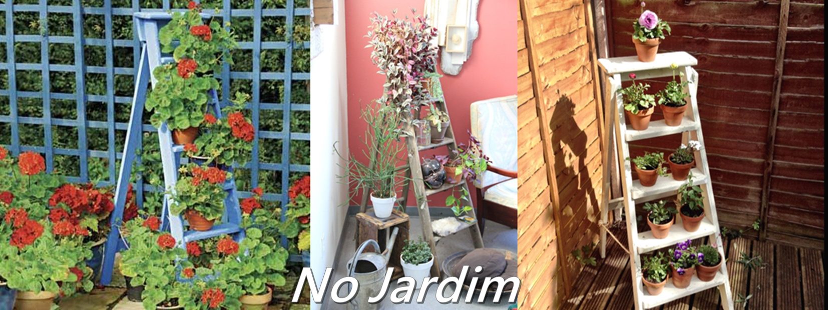 escadas como suporte de vasos no jardim