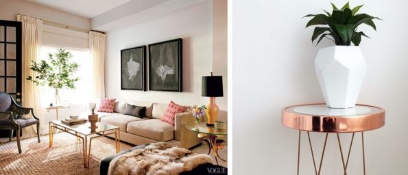 sala elegante com objetos em metal dourado e rosé gold