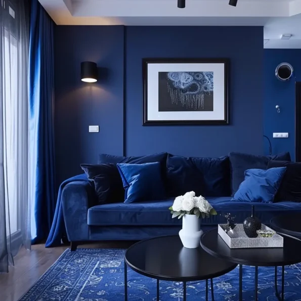 sala de estar azul e preto