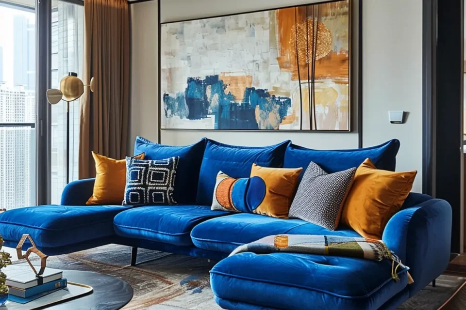 sala com sofá azul