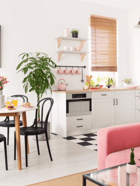 sala e cozinha integradas -pink-sofa-in-white-apartment-interior-