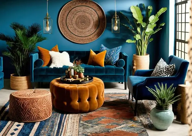 sala com sofá azul e tons de mostarda