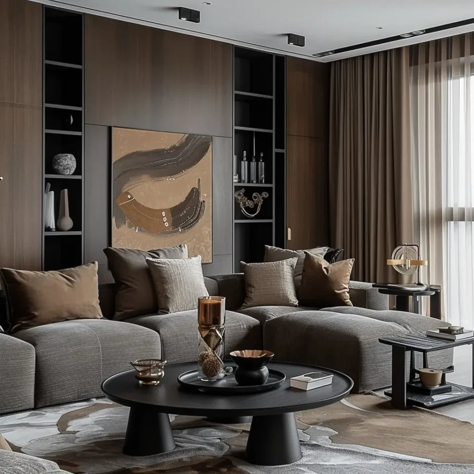 sala de estar com tons em marrom e preto