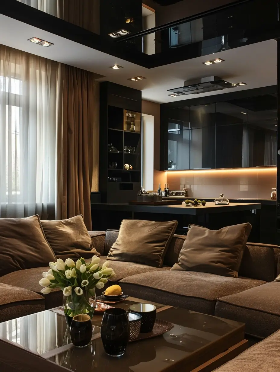 Sala de estar marrom e preto planejada e contemporânea