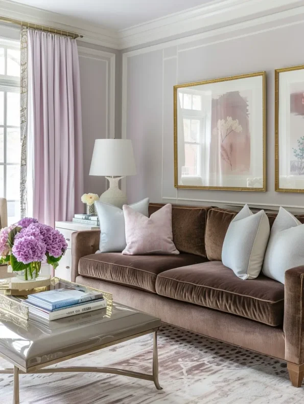 sala com sofá marrom e combinação em tons pásteis