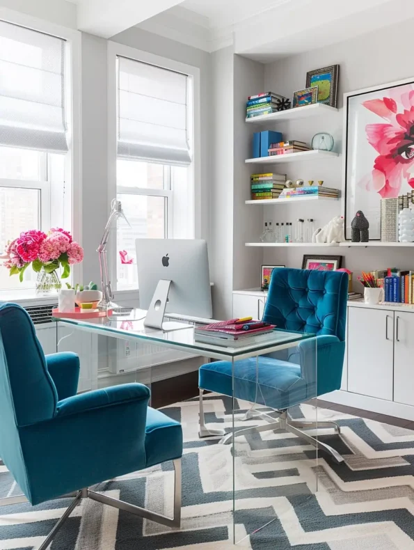 home office com cadeiras em azul