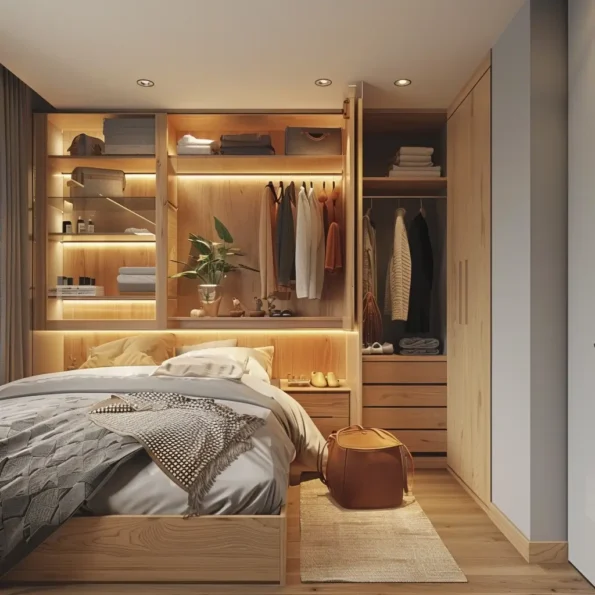 qaurto de casal com closet em madeira de pinus