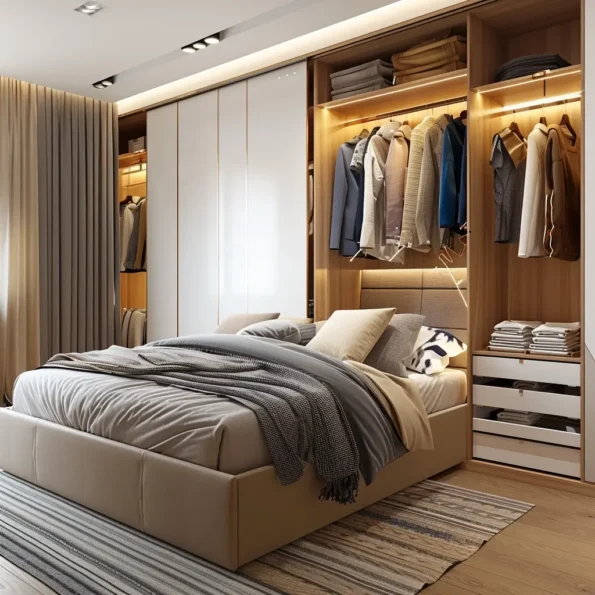 quarto de casal com closet com cama embutida